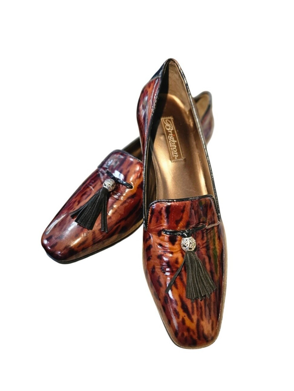 BRIGHTON 9M Noho Cheetah tortoise patent leather black tassel loafers Italy